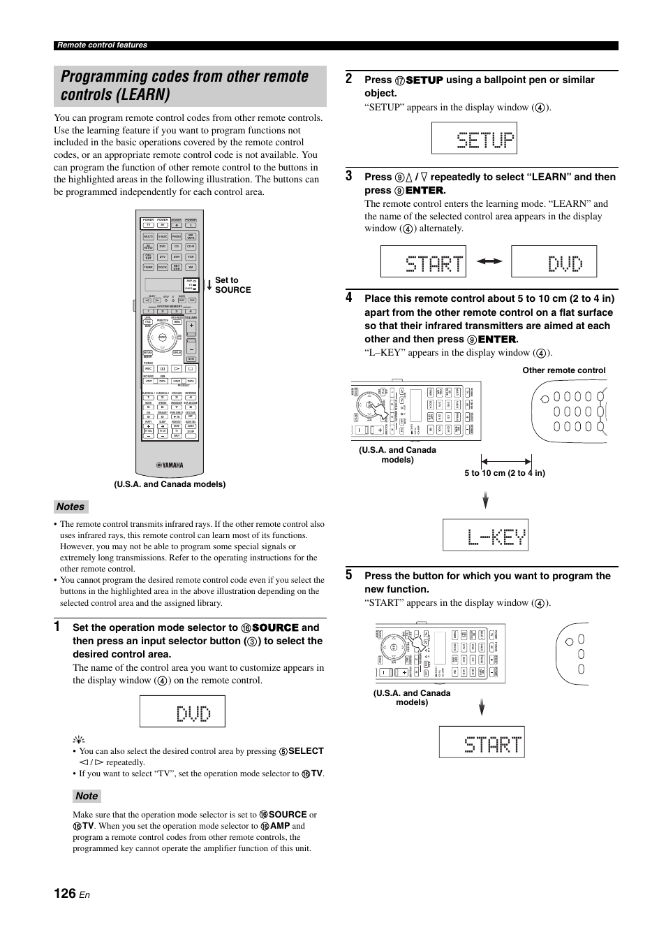 Dvd setup start dvd, L-key, Start | Set to source (u.s.a. and canada models), U.s.a. and canada models), Remote control features | Yamaha RX-Z11 User Manual | Page 126 / 177