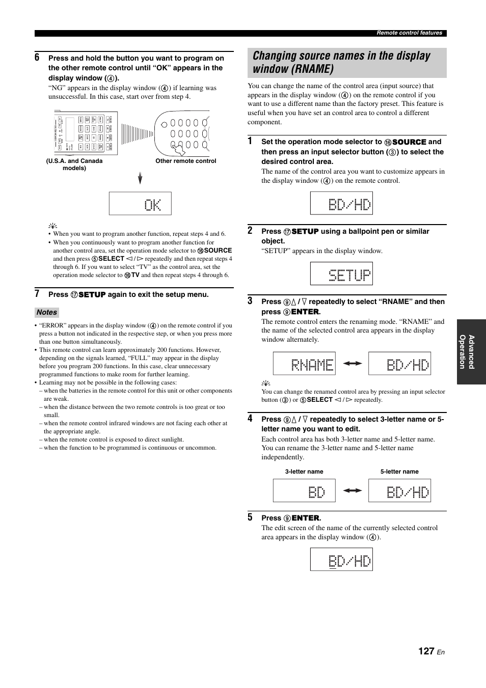Bd/hd setup rname bd/hd bd bd/hd, Bd/hd, Ad v a nce d op eratio n | Press g setup again to exit the setup menu | Yamaha RX-Z11 User Manual | Page 127 / 177