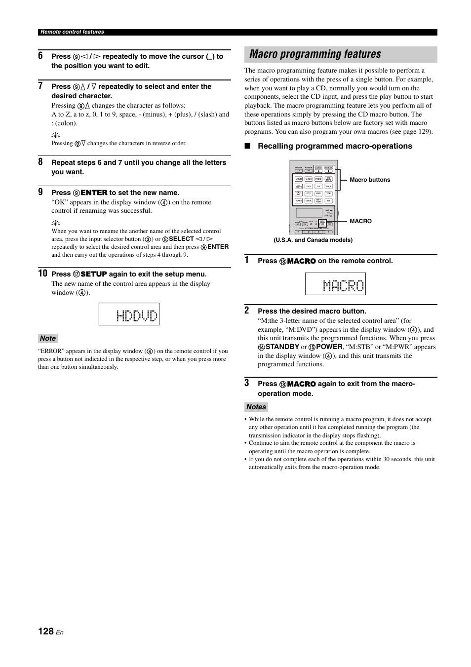 Macro programming features, Hddvd, Macro | Recalling programmed macro-operations, Press h macro on the remote control | Yamaha RX-Z11 User Manual | Page 128 / 177