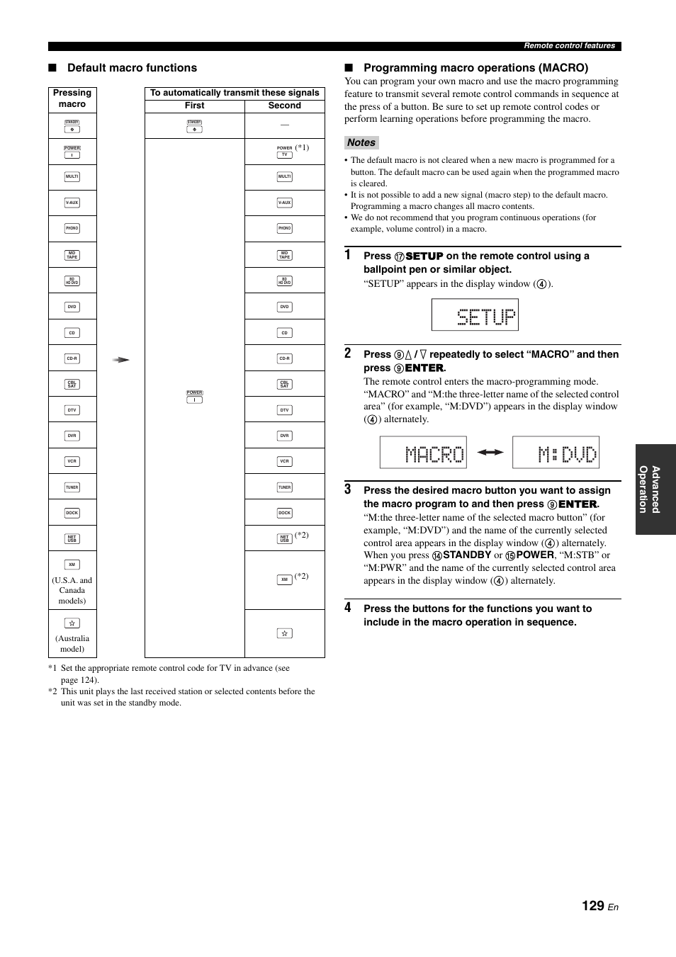Setup macro m:dvd, Default macro functions, Programming macro operations (macro) | Ad v a nce d op eratio n | Yamaha RX-Z11 User Manual | Page 129 / 177