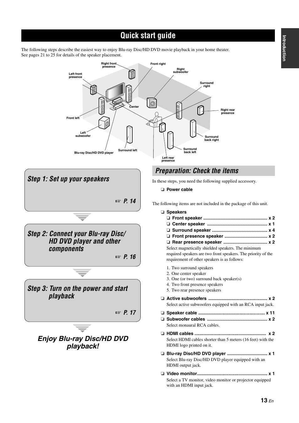 Quick start guide, Preparation: check the items, P. 14 | P. 16 ☞ p. 17 | Yamaha RX-Z11 User Manual | Page 13 / 177