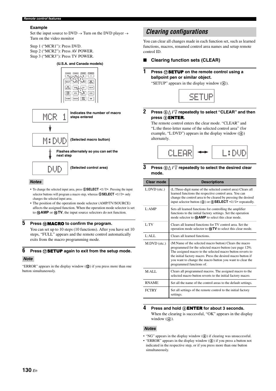 Clearing configurations, Mcr 1 m:dvd dvd, Setup clear l:dvd | Yamaha RX-Z11 User Manual | Page 130 / 177