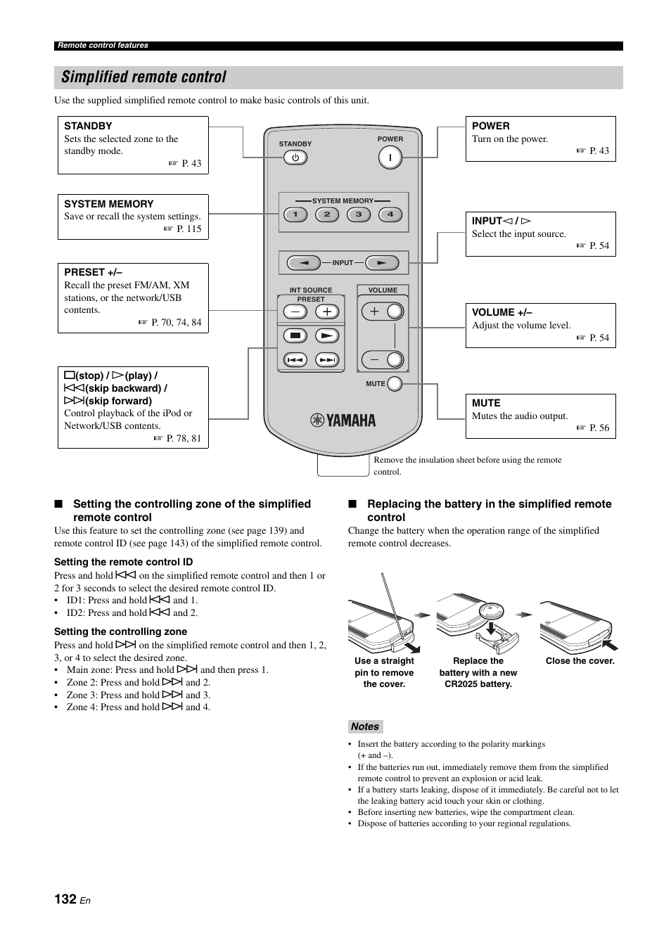 Simplified remote control, P. 132 | Yamaha RX-Z11 User Manual | Page 132 / 177