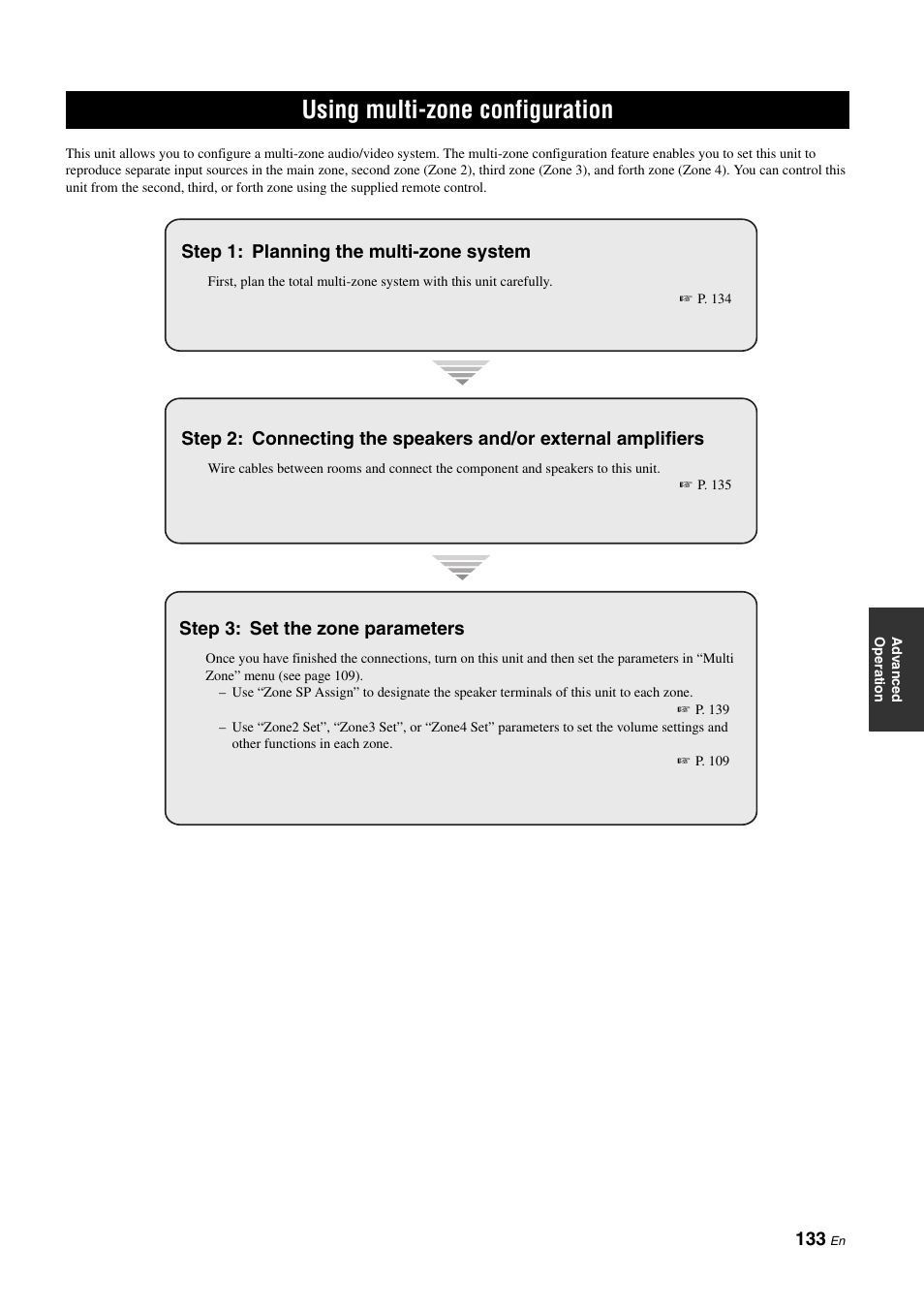 Using multi-zone configuration, P. 133, Step 1: planning the multi-zone system | Step 3: set the zone parameters | Yamaha RX-Z11 User Manual | Page 133 / 177