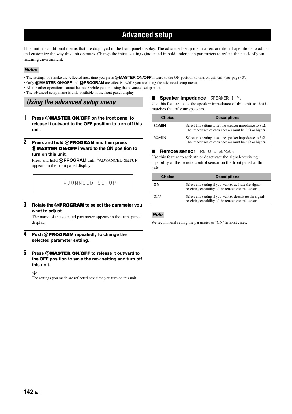 Advanced setup, Using the advanced setup menu, P. 142 | Yamaha RX-Z11 User Manual | Page 142 / 177