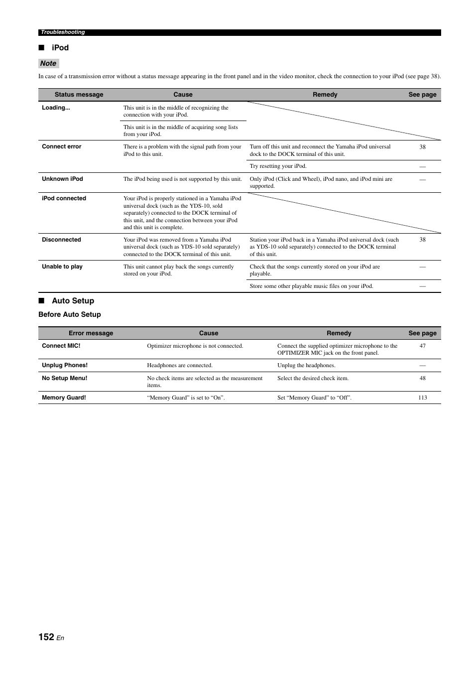 Auto setup” section in “t, See the “auto setup” section, See the “ipod” section in “t | Yamaha RX-Z11 User Manual | Page 152 / 177