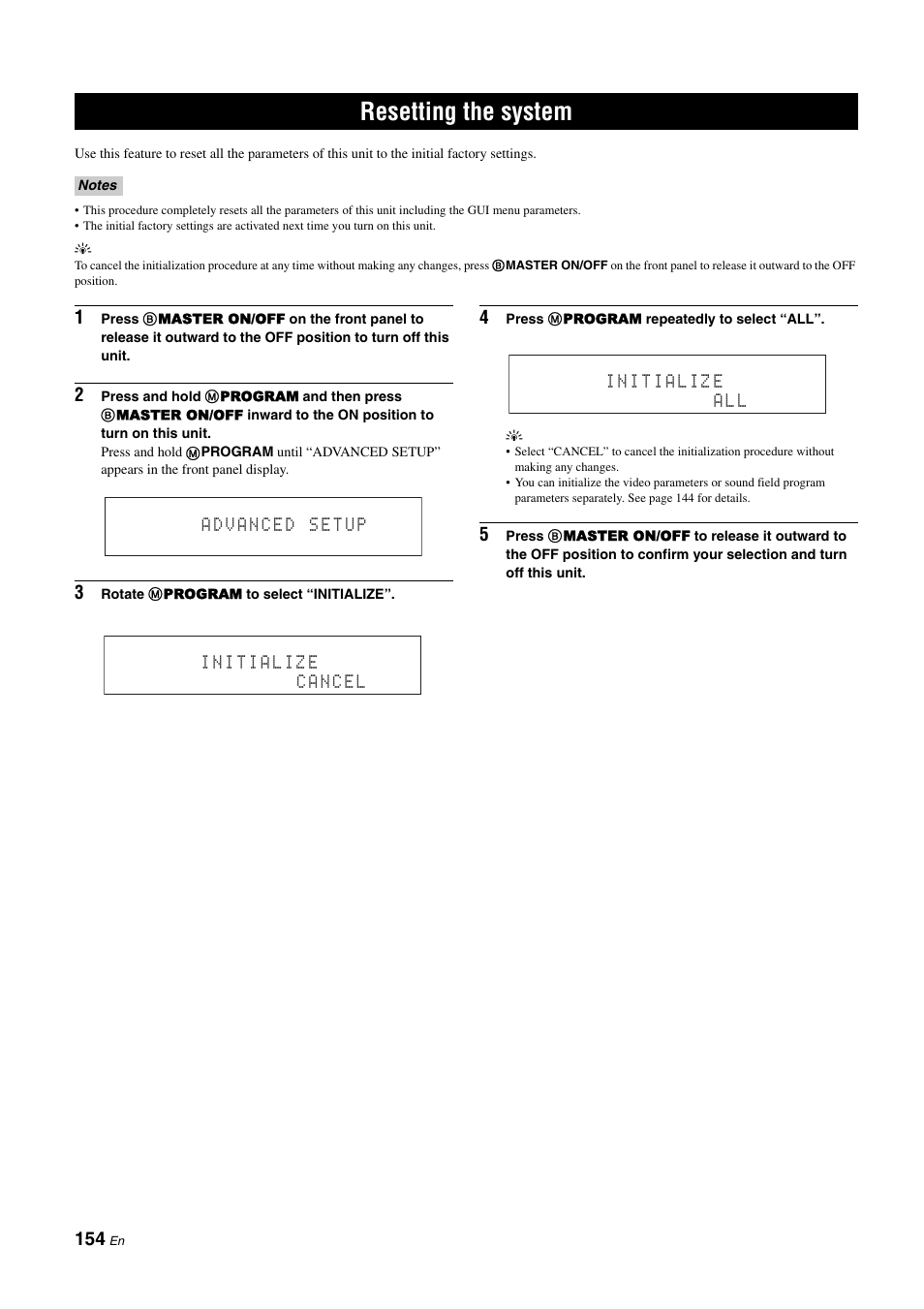 Resetting the system, P. 154 | Yamaha RX-Z11 User Manual | Page 154 / 177