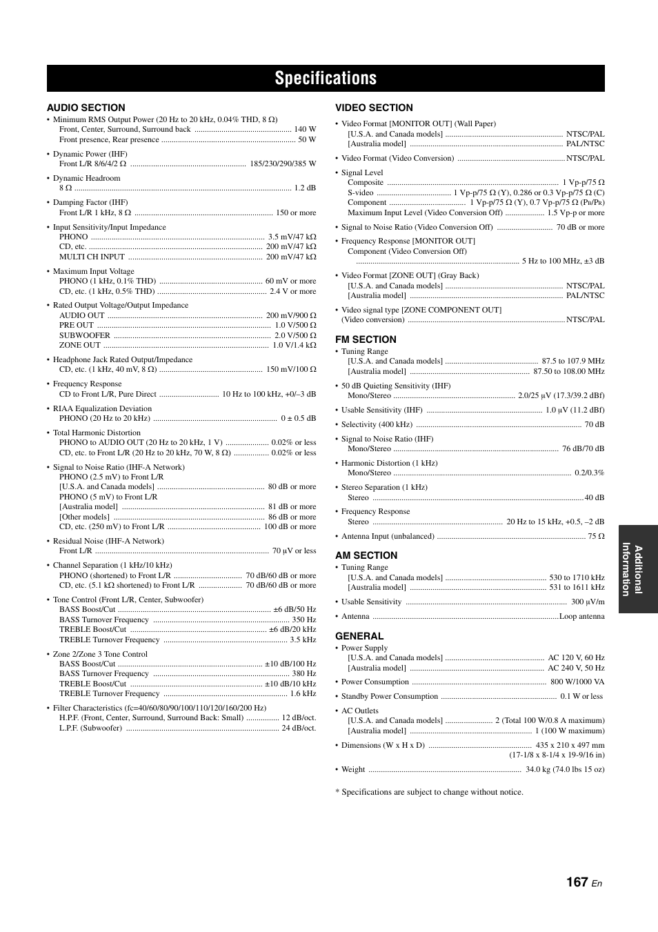 Specifications | Yamaha RX-Z11 User Manual | Page 167 / 177