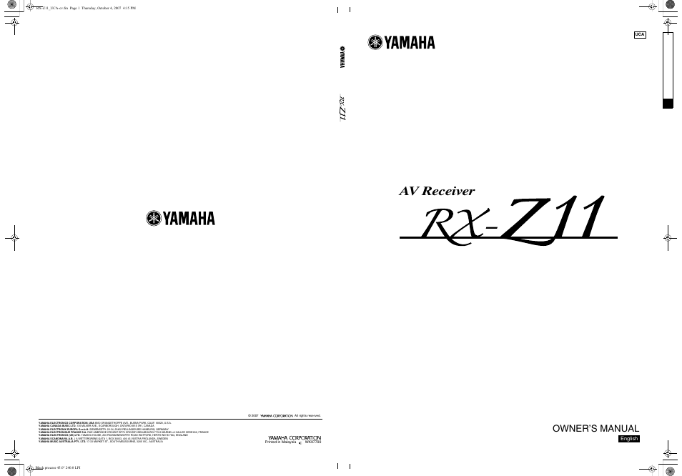 Av receiver, Owner’s manual | Yamaha RX-Z11 User Manual | Page 177 / 177