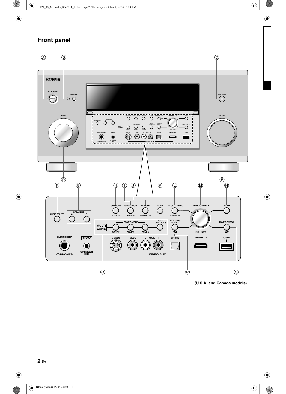 Front panel, U.s.a. and canada models) | Yamaha RX-Z11 User Manual | Page 2 / 177