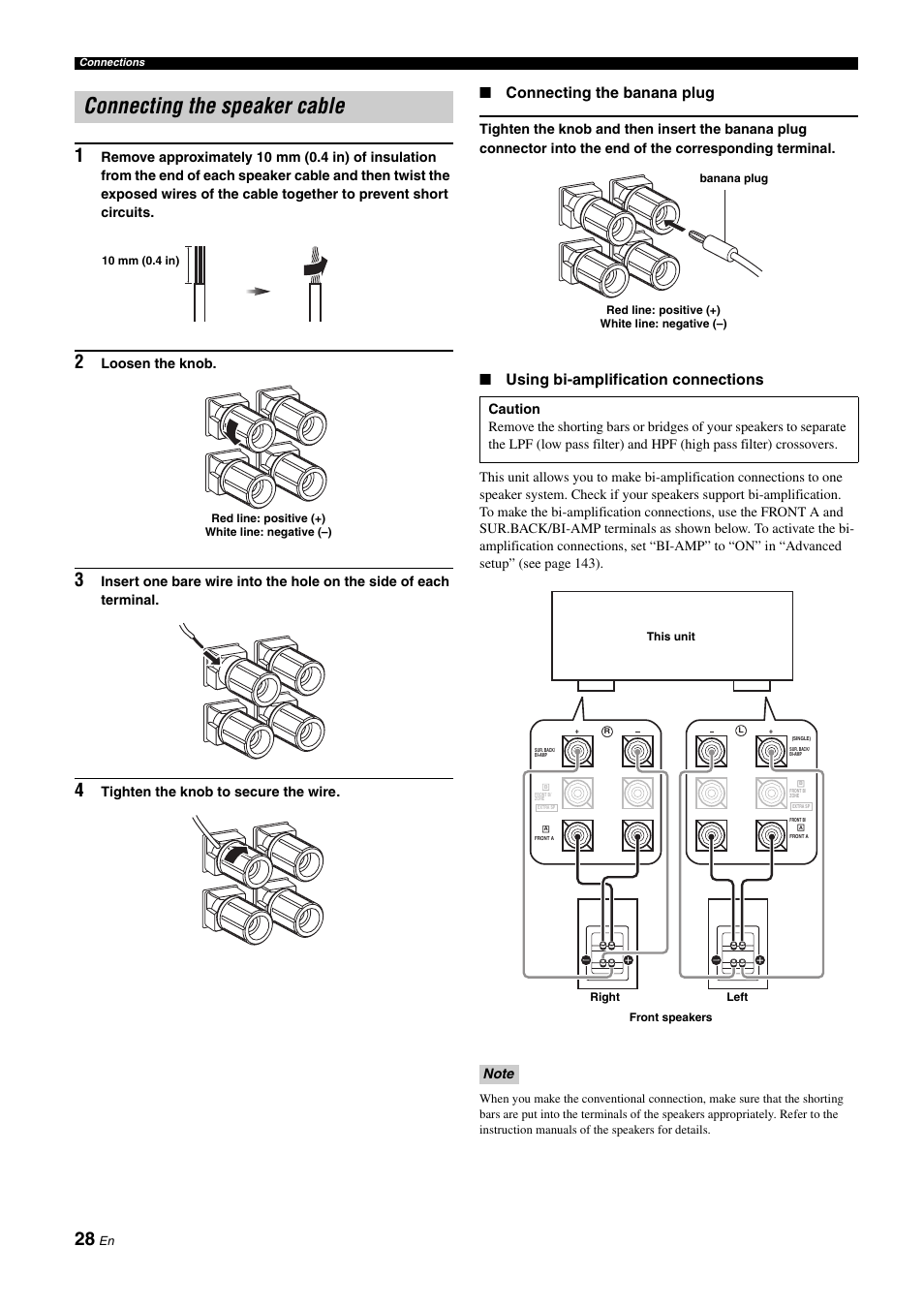 Connecting the speaker cable, Connecting the banana plug, Using bi-amplification connections | Loosen the knob, Tighten the knob to secure the wire | Yamaha RX-Z11 User Manual | Page 28 / 177