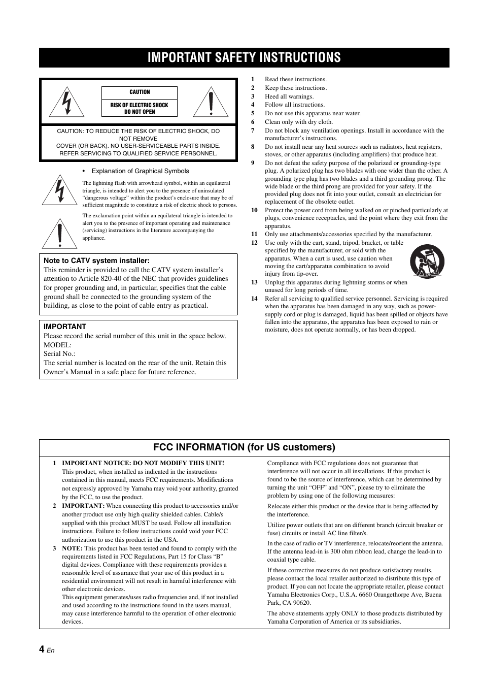 Important safety instructions, Fcc information (for us customers) | Yamaha RX-Z11 User Manual | Page 4 / 177