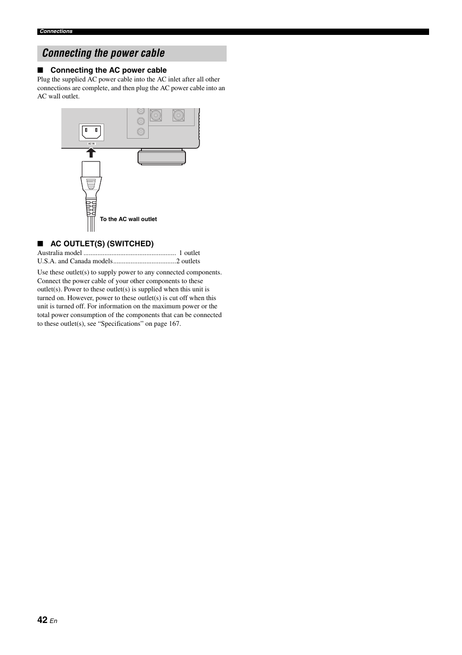 Connecting the power cable | Yamaha RX-Z11 User Manual | Page 42 / 177