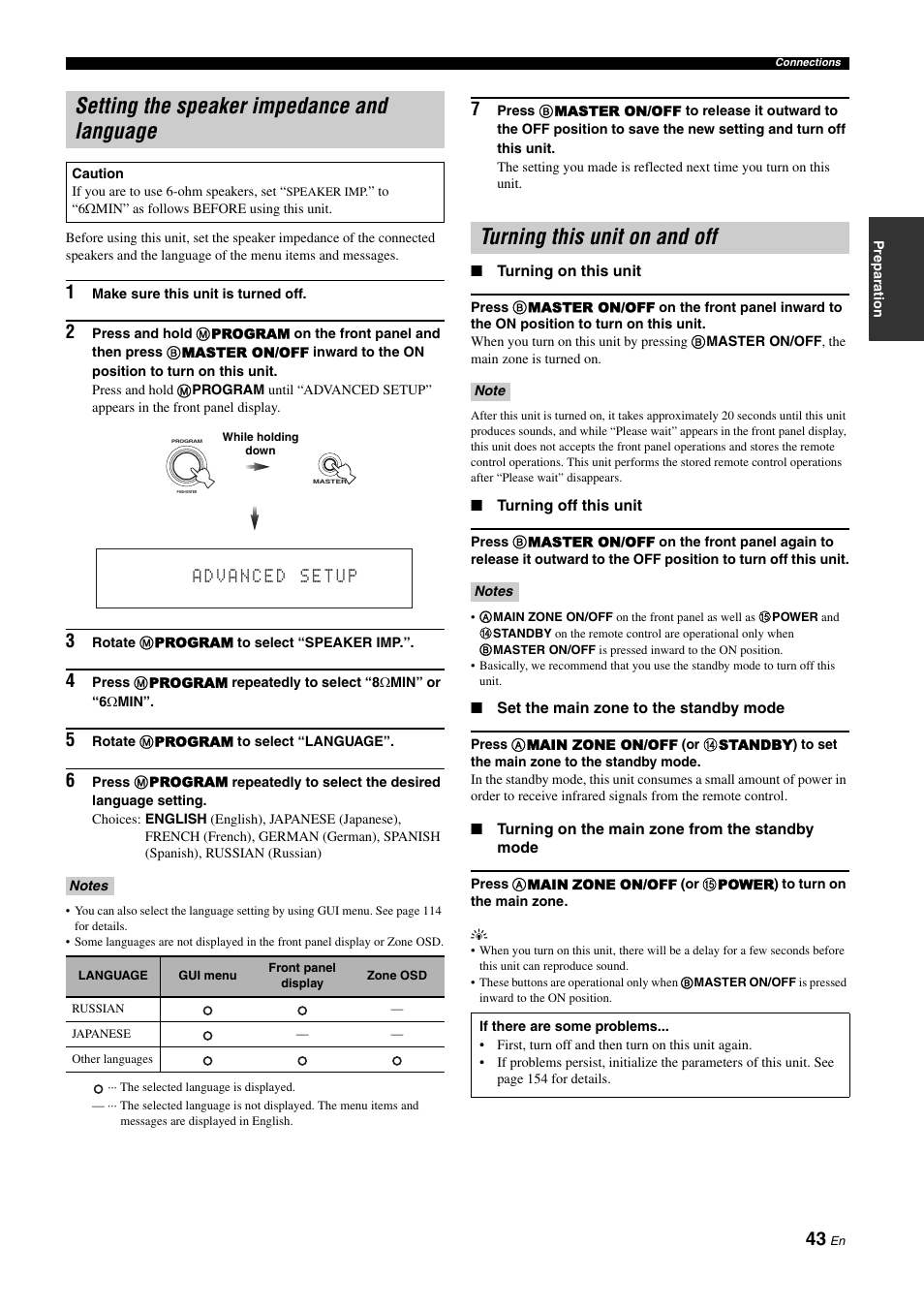 P. 43, Setting the speaker impedance and language, Turning this unit on and off | Yamaha RX-Z11 User Manual | Page 43 / 177