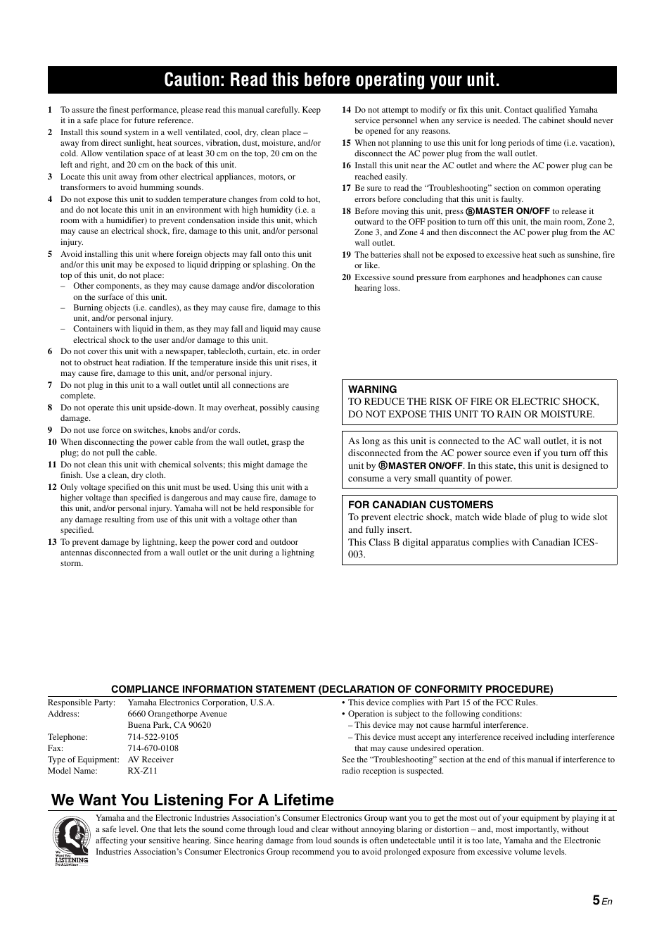 Caution: read this before operating your unit, We want you listening for a lifetime | Yamaha RX-Z11 User Manual | Page 5 / 177