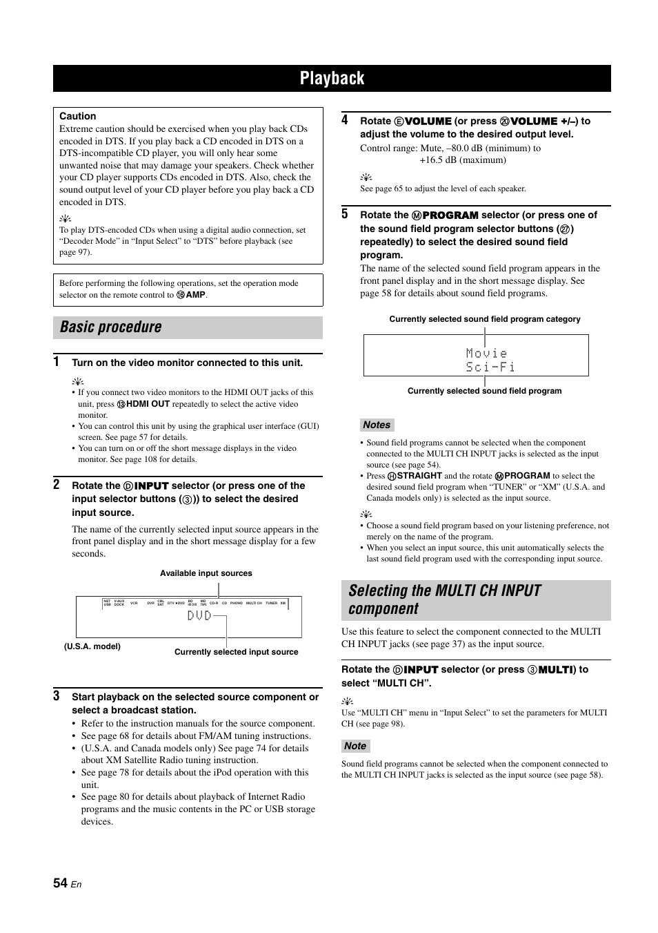 Playback, Basic procedure, Selecting the multi ch input component | P. 54, D v d | Yamaha RX-Z11 User Manual | Page 54 / 177