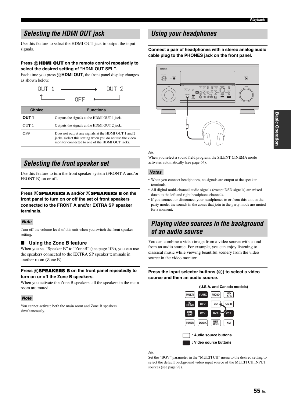 Selecting the hdmi out jack, Selecting the front speaker set, Using your headphones | P. 55, Out 1 out 2 off | Yamaha RX-Z11 User Manual | Page 55 / 177