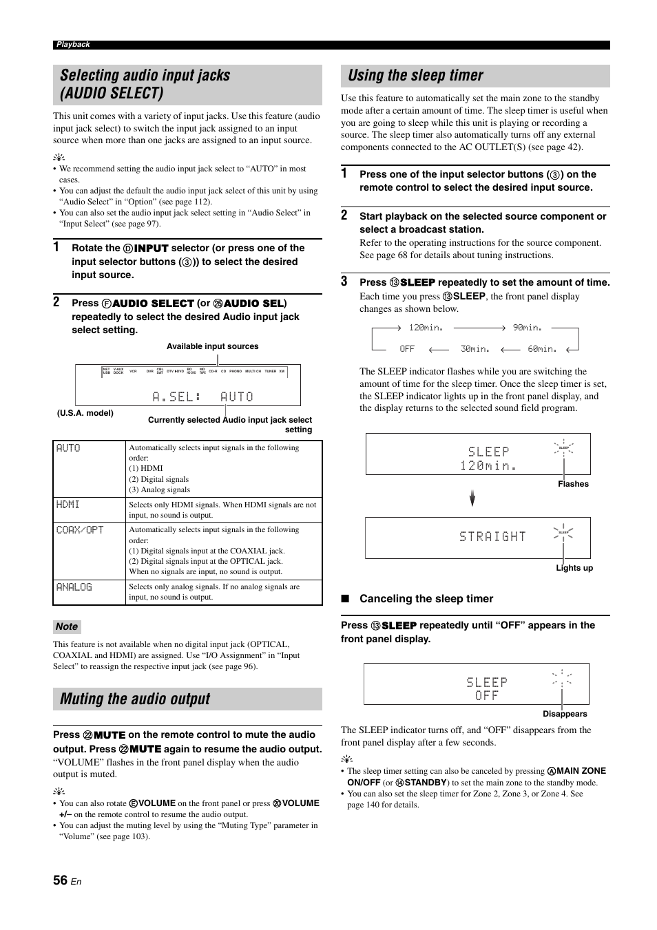 Selecting audio input jacks (audio select), Muting the audio output, Using the sleep timer | P. 56, A . s e l : a u t o | Yamaha RX-Z11 User Manual | Page 56 / 177