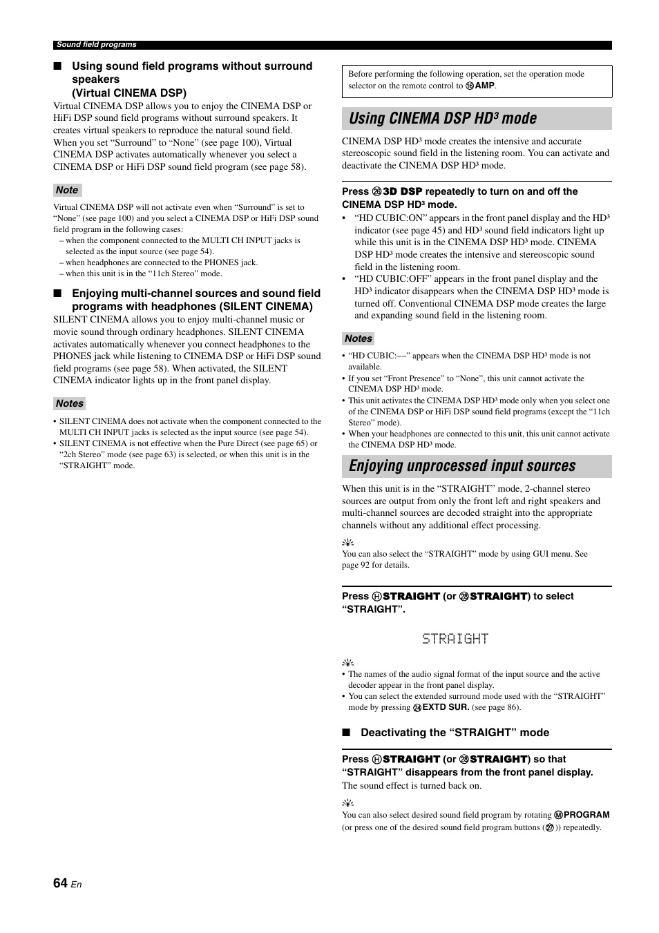 Using cinema dsp hd¸ mode, Enjoying unprocessed input sources, P. 64 | Using cinema dsp hd³ mode, Straight | Yamaha RX-Z11 User Manual | Page 64 / 177