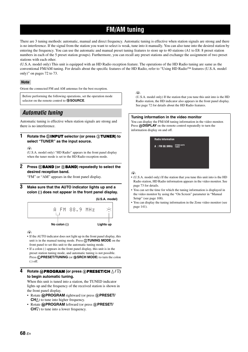 Fm/am tuning, Automatic tuning, P. 68 | A f m 8 8 . 9 m h z | Yamaha RX-Z11 User Manual | Page 68 / 177