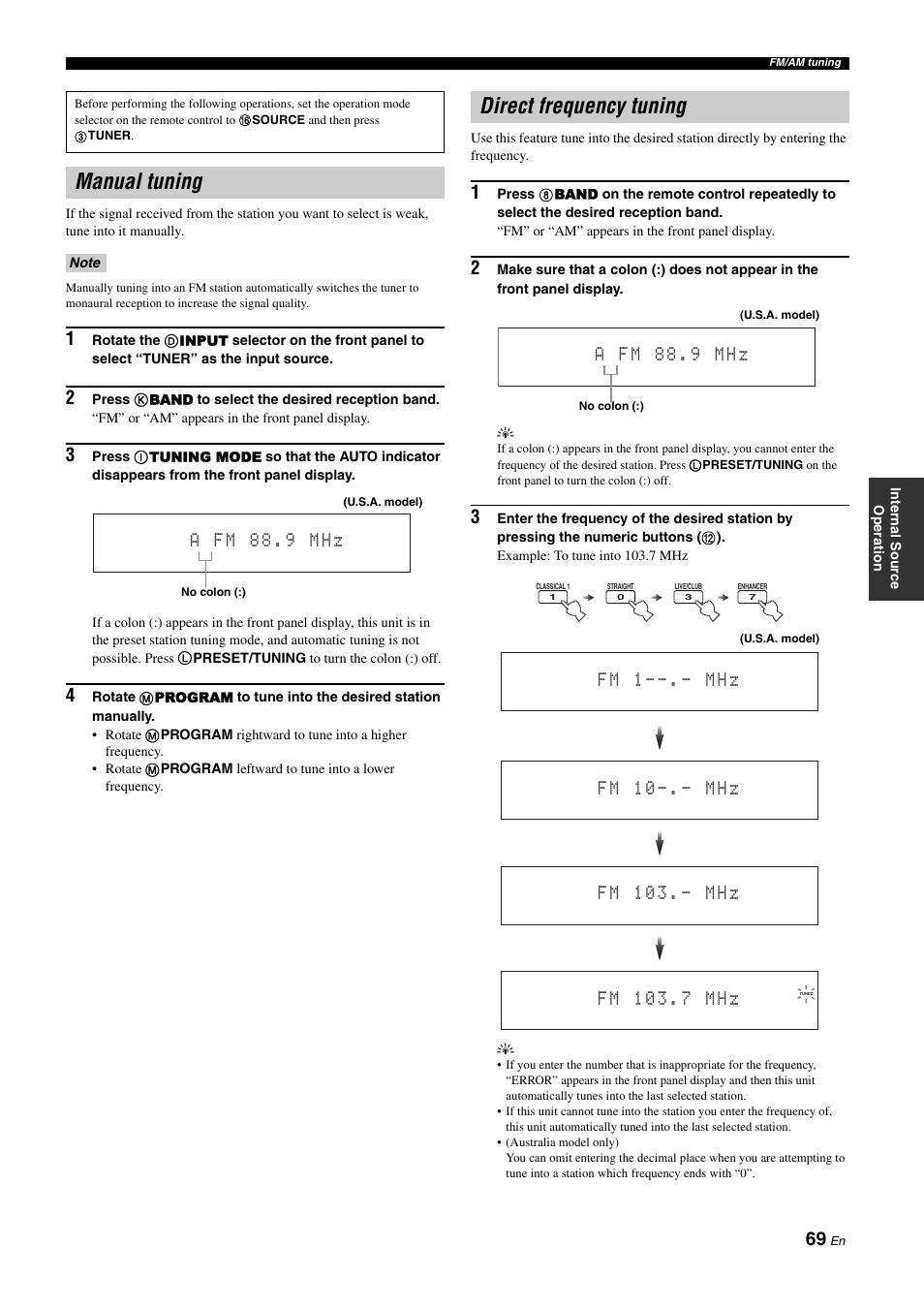 Manual tuning, Direct frequency tuning, Manual tuning direct frequency tuning | Yamaha RX-Z11 User Manual | Page 69 / 177