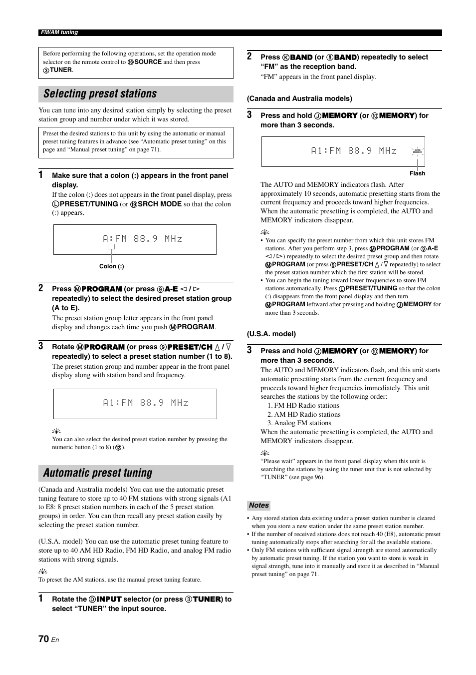 Selecting preset stations, Automatic preset tuning, Selecting preset stations automatic preset tuning | Yamaha RX-Z11 User Manual | Page 70 / 177