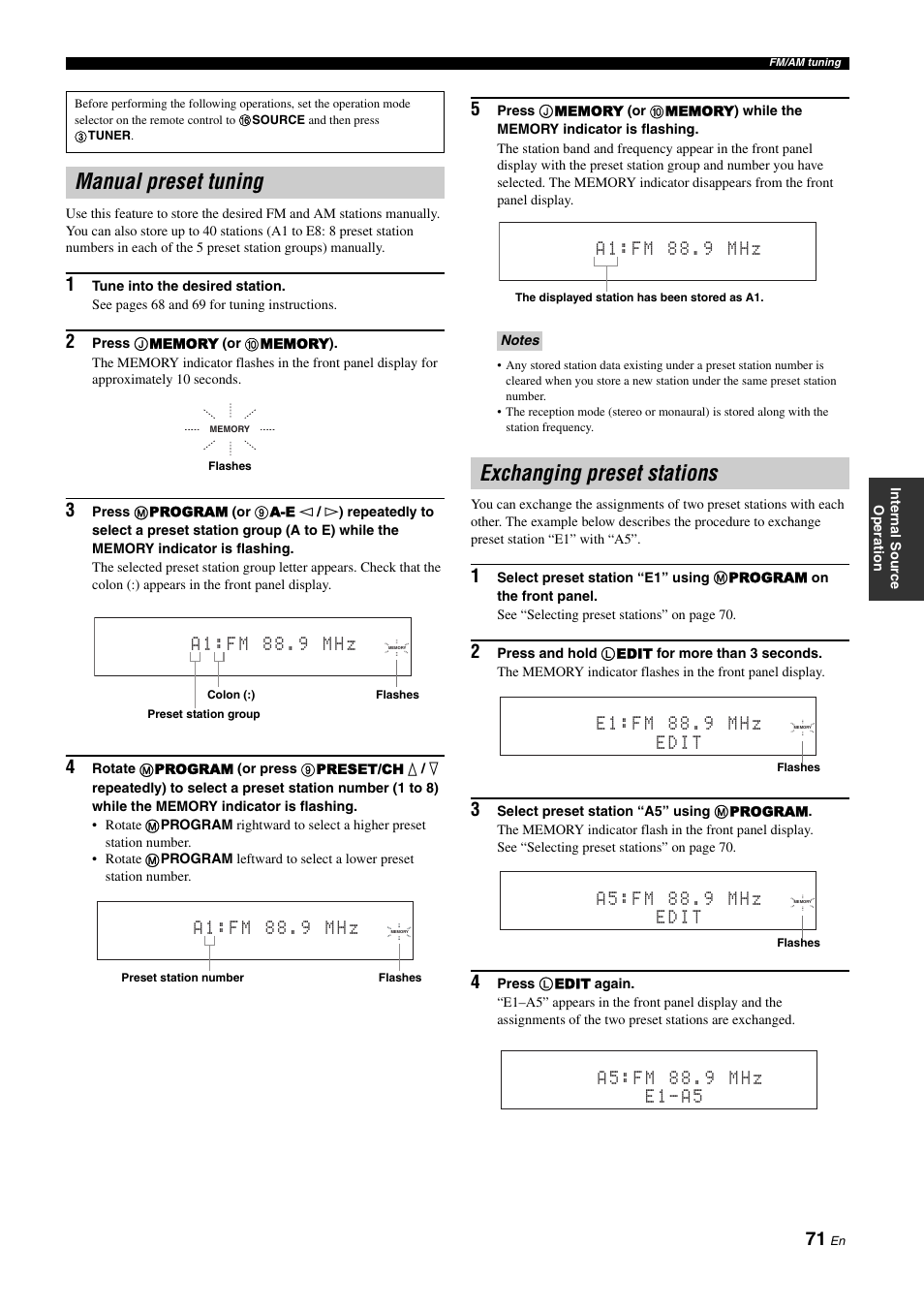 Manual preset tuning, Exchanging preset stations, Manual preset tuning exchanging preset stations | Yamaha RX-Z11 User Manual | Page 71 / 177