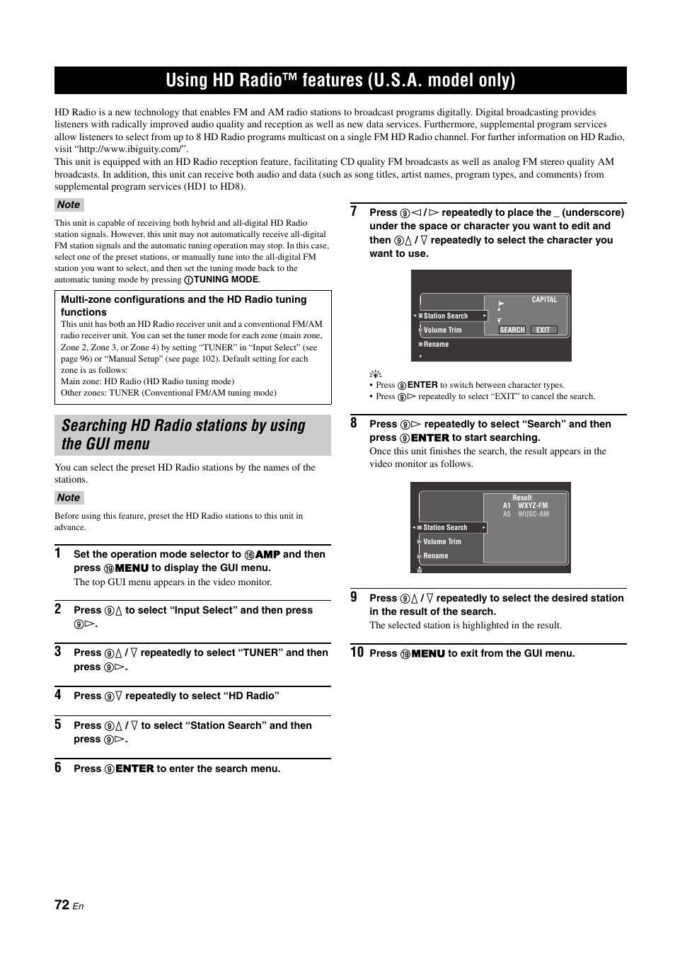 Using hd radio™ features (u.s.a. model only), Searching hd radio stations by using the gui menu | Yamaha RX-Z11 User Manual | Page 72 / 177