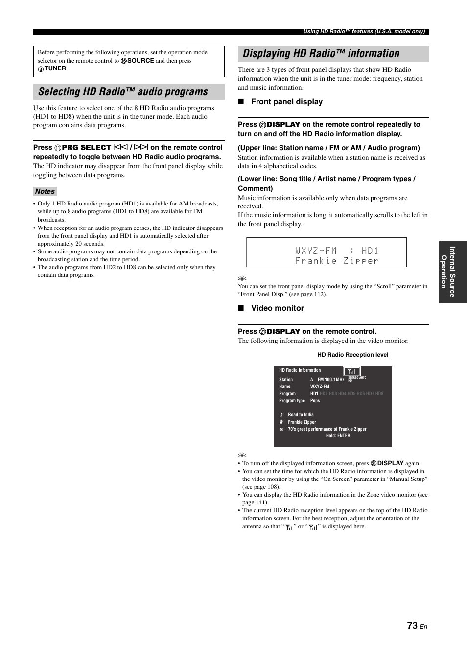 Selecting hd radio™ audio programs, Displaying hd radio™ information | Yamaha RX-Z11 User Manual | Page 73 / 177