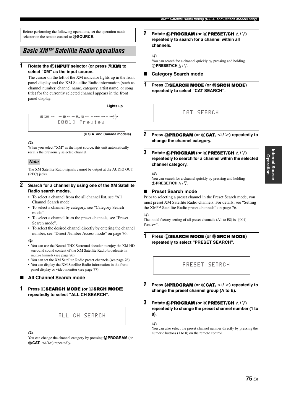 Basic xm™ satellite radio operations | Yamaha RX-Z11 User Manual | Page 75 / 177