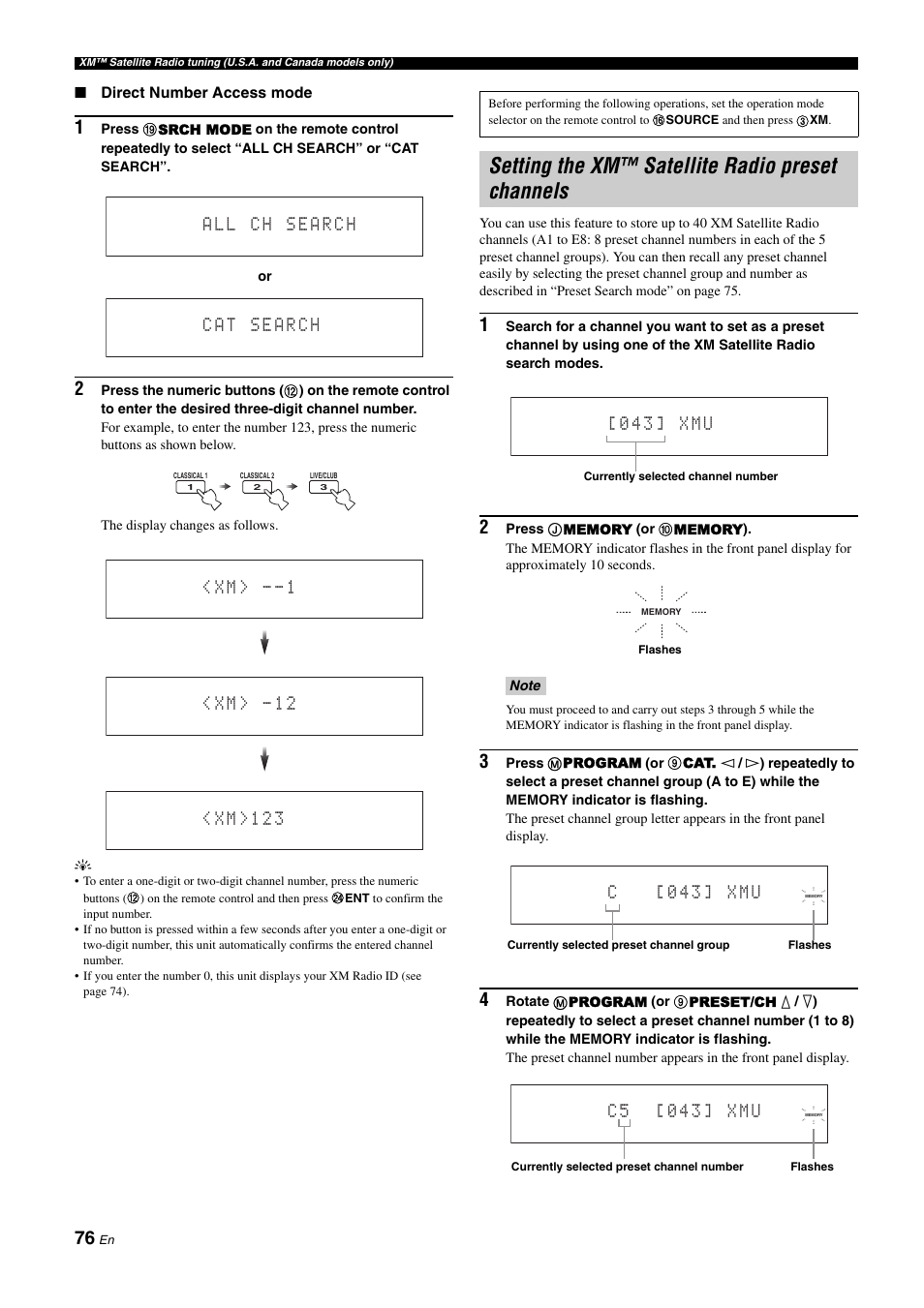 Setting the xm™ satellite radio preset channels | Yamaha RX-Z11 User Manual | Page 76 / 177