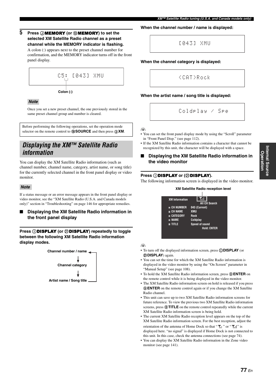 Displaying the xm™ satellite radio information, C 5 : [ 0 4 3 ] x m u | Yamaha RX-Z11 User Manual | Page 77 / 177