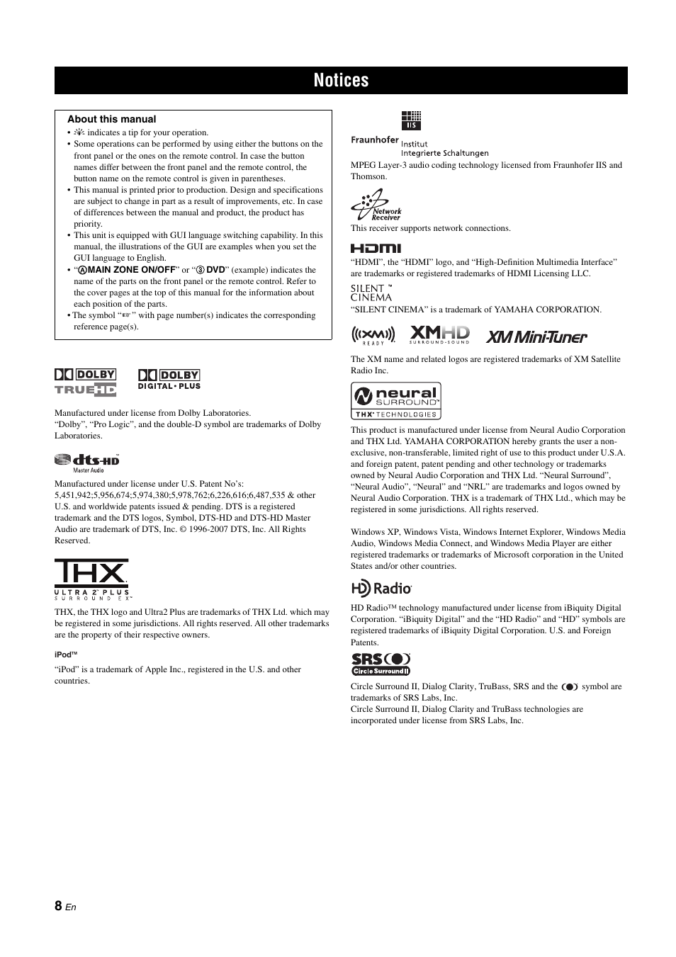 Notices | Yamaha RX-Z11 User Manual | Page 8 / 177