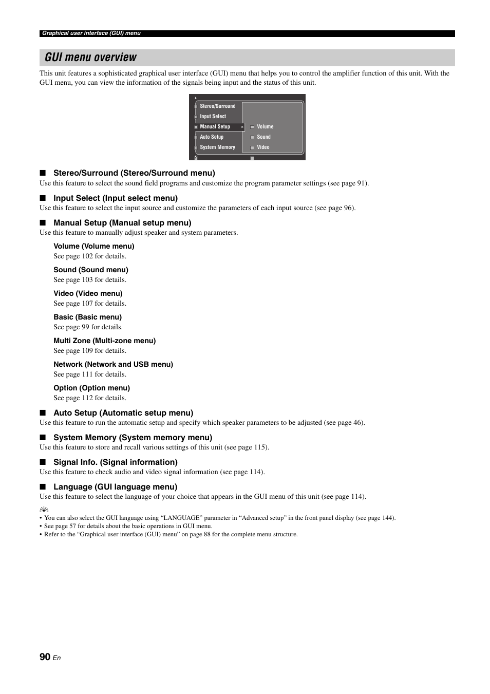 Gui menu overview | Yamaha RX-Z11 User Manual | Page 90 / 177