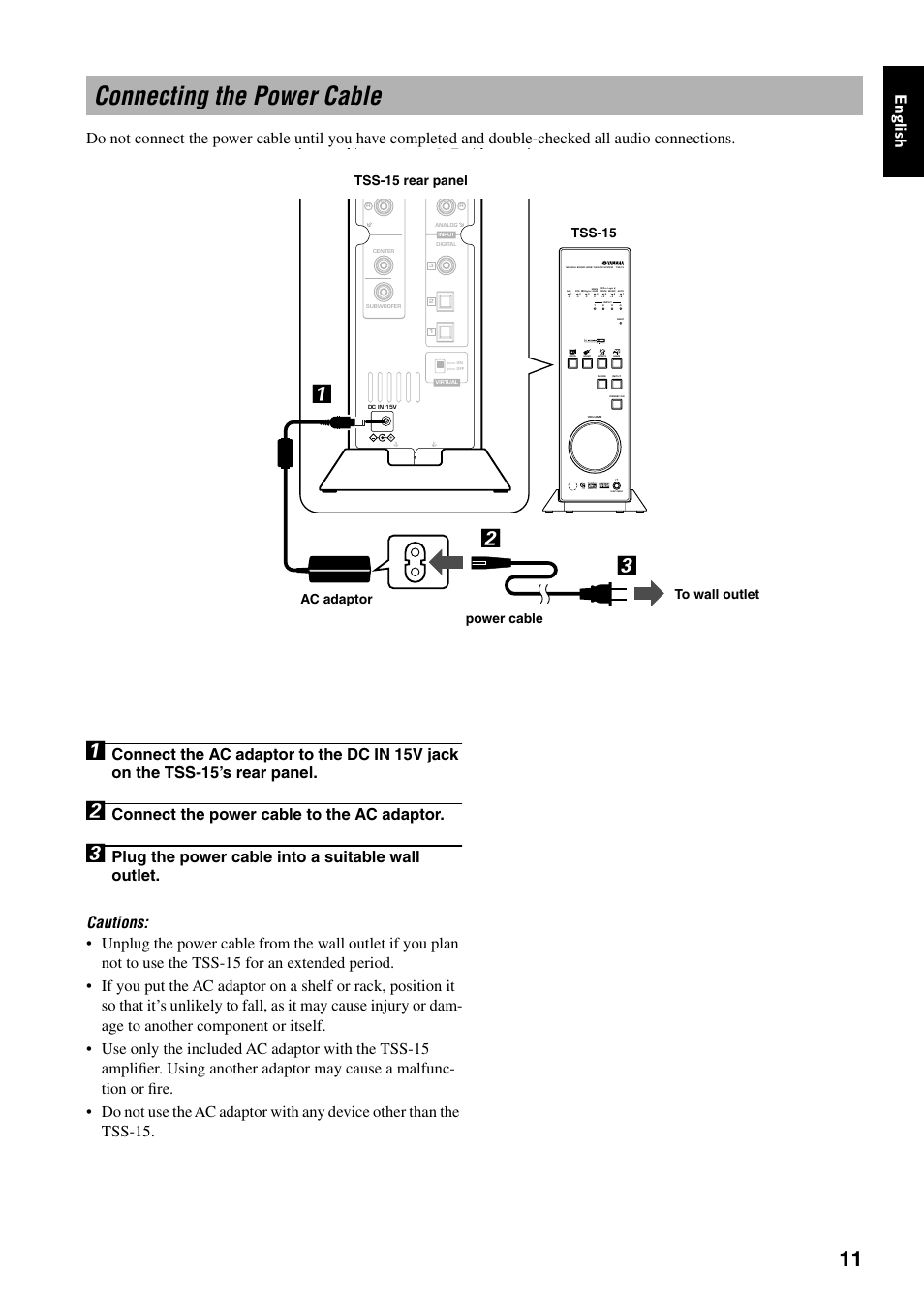 Connecting the power cable, Connect the power cable to the ac adaptor | Yamaha TSS-15 User Manual | Page 13 / 23