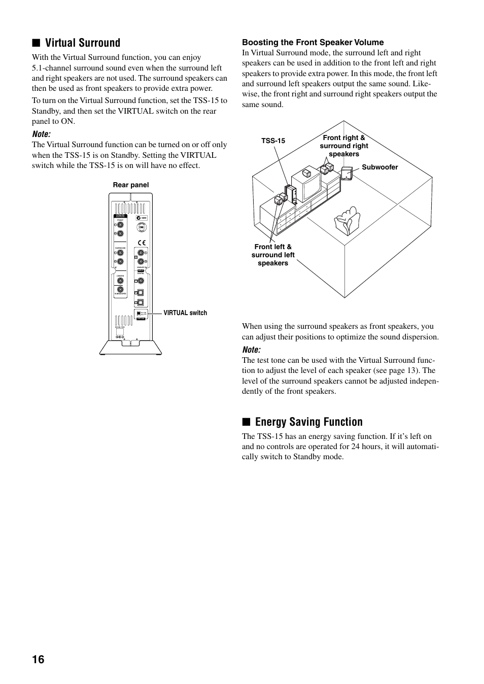 16 ■ virtual surround, Energy saving function | Yamaha TSS-15 User Manual | Page 18 / 23