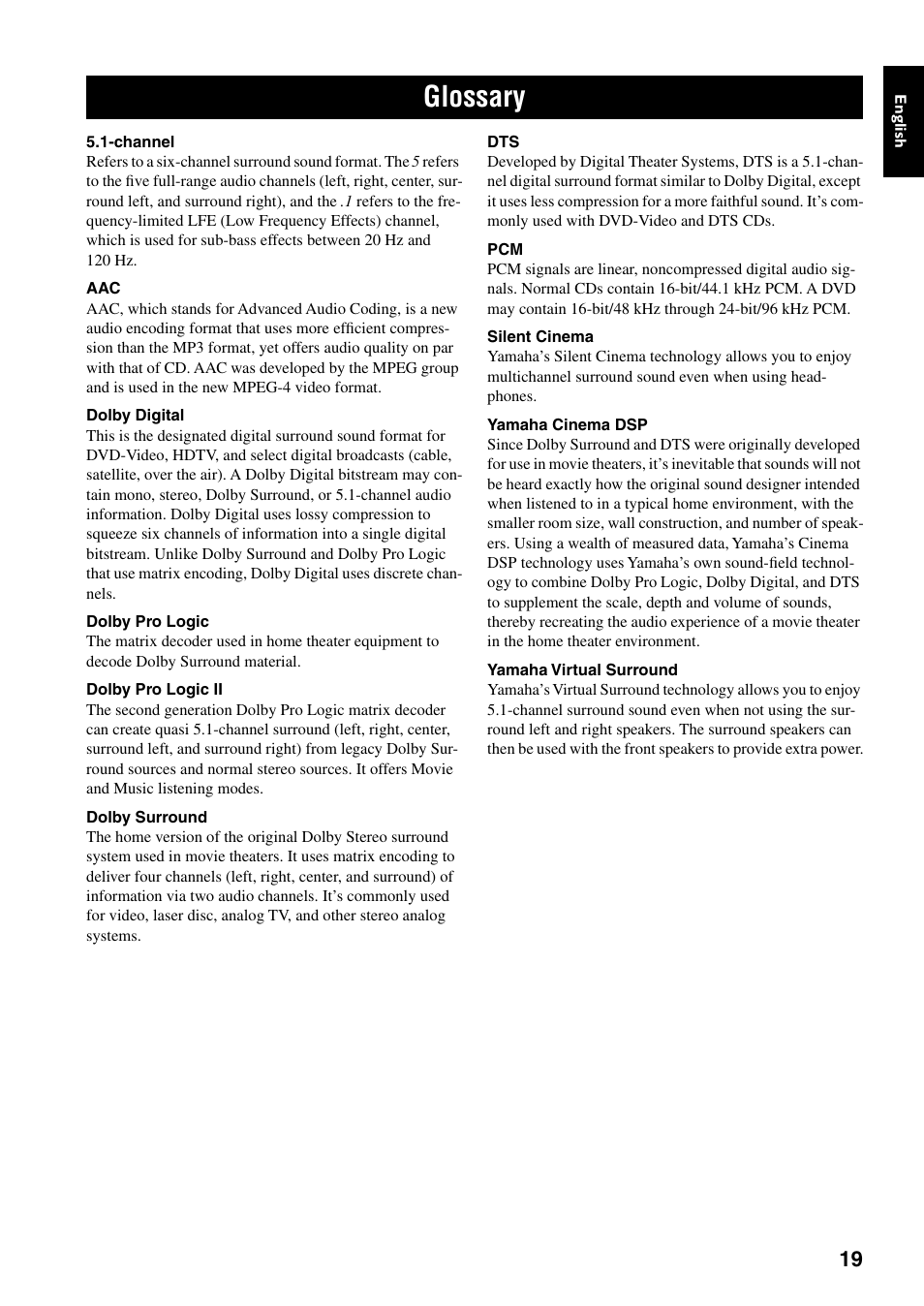 Glossary | Yamaha TSS-15 User Manual | Page 21 / 23