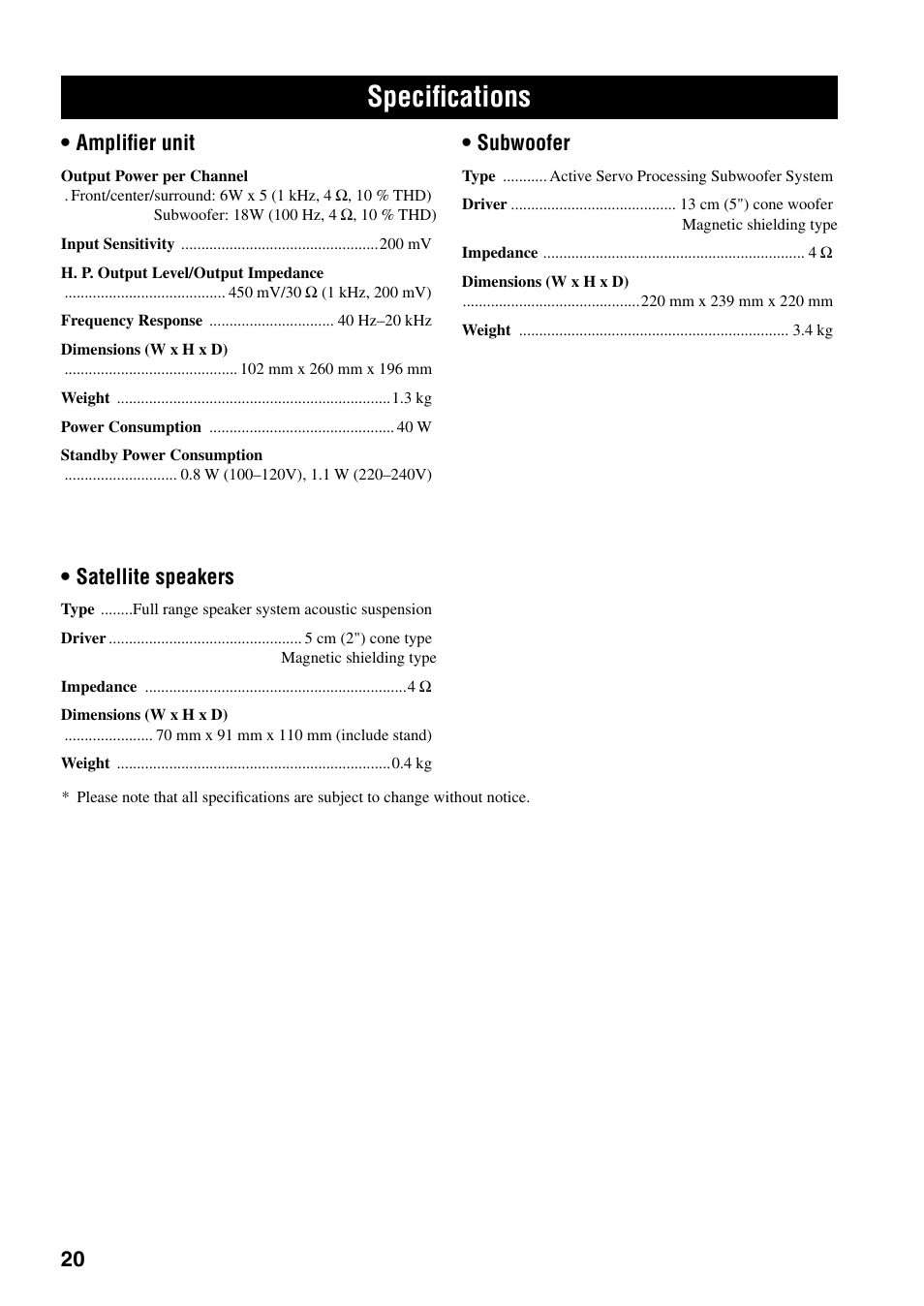 Specifications, 20 • amplifier unit, Satellite speakers | Subwoofer | Yamaha TSS-15 User Manual | Page 22 / 23