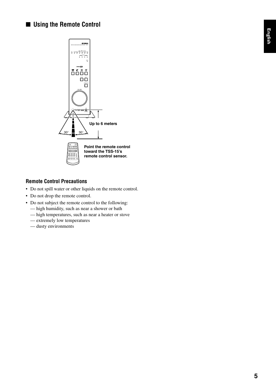 Using the remote control, Remote control precautions, English | Yamaha TSS-15 User Manual | Page 7 / 23