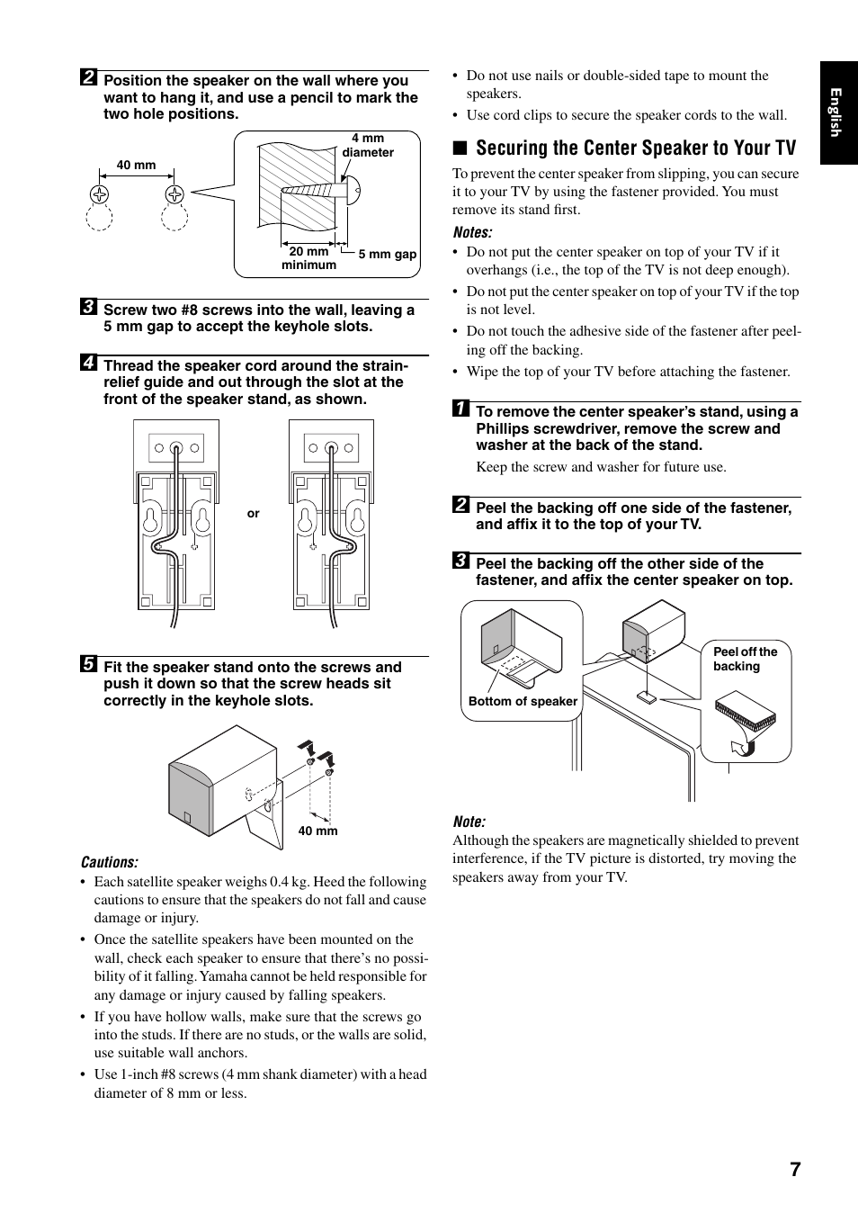 Securing the center speaker to your tv | Yamaha TSS-15 User Manual | Page 9 / 23