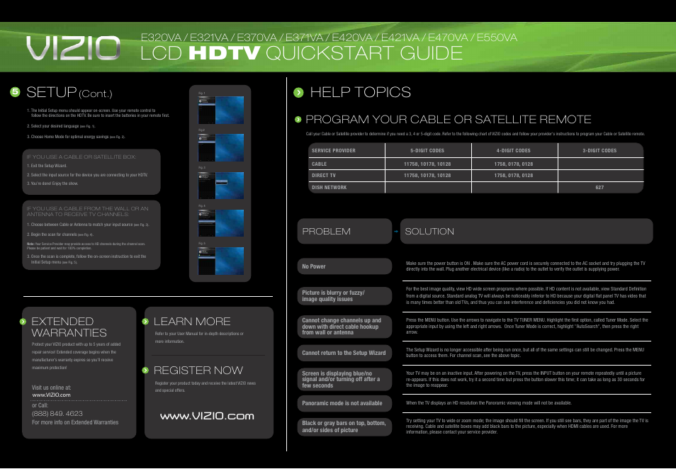 Lcd hdtv quickstart guide, Help topics setup, Extended warranties learn more register now | Program your cable or satellite remote, Cont.), Problem solution | Yamaha E421VA User Manual | Page 2 / 2