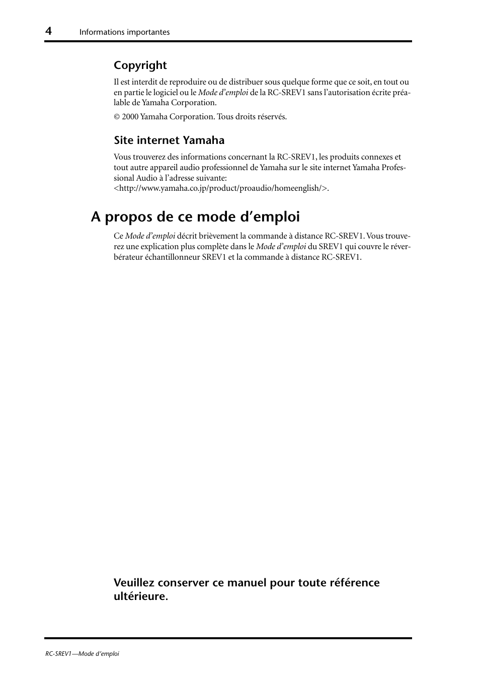 A propos de ce mode d’emploi | Yamaha RC-SREV1 User Manual | Page 17 / 50