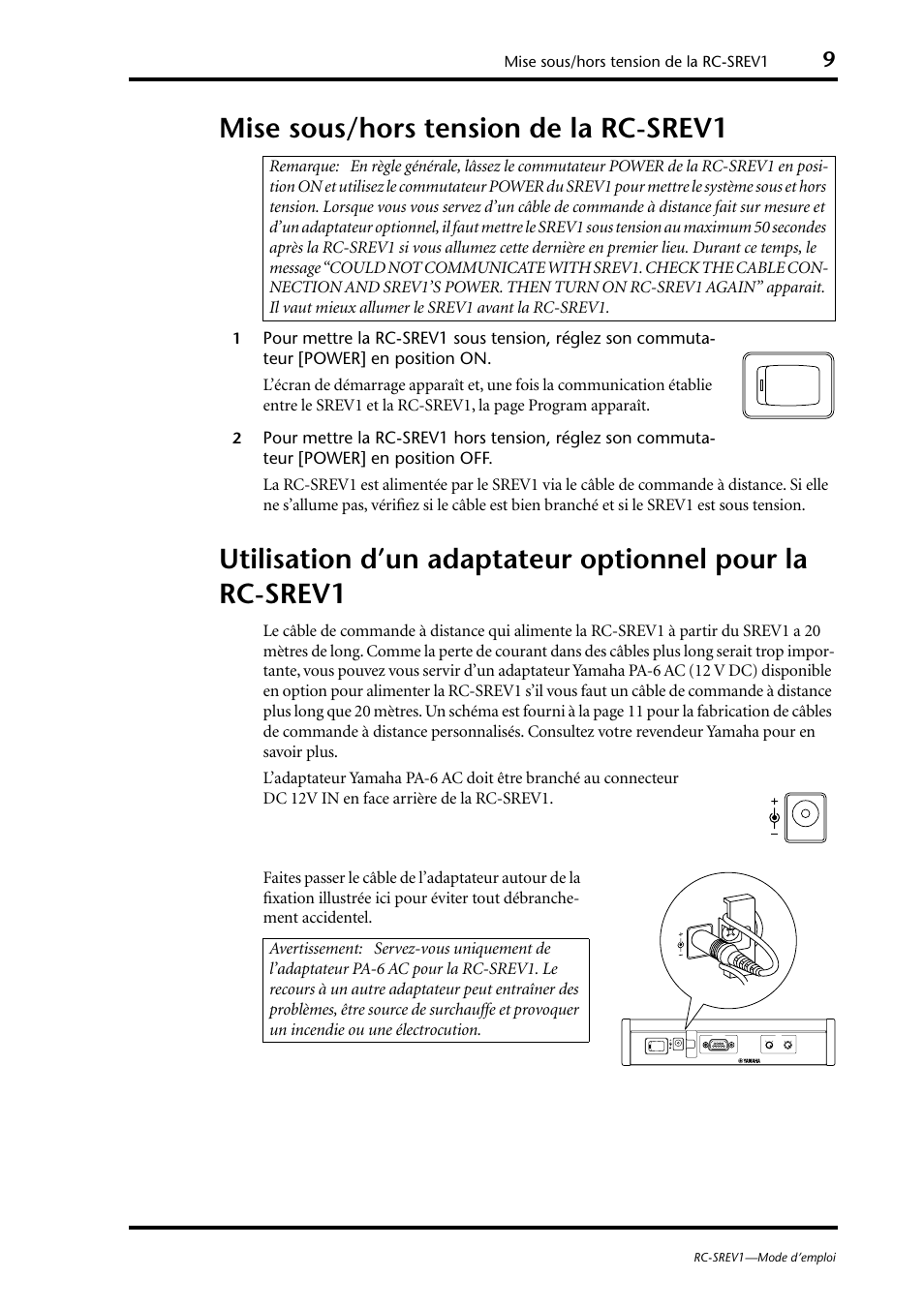 Mise sous/hors tension de la rc-srev1 | Yamaha RC-SREV1 User Manual | Page 22 / 50