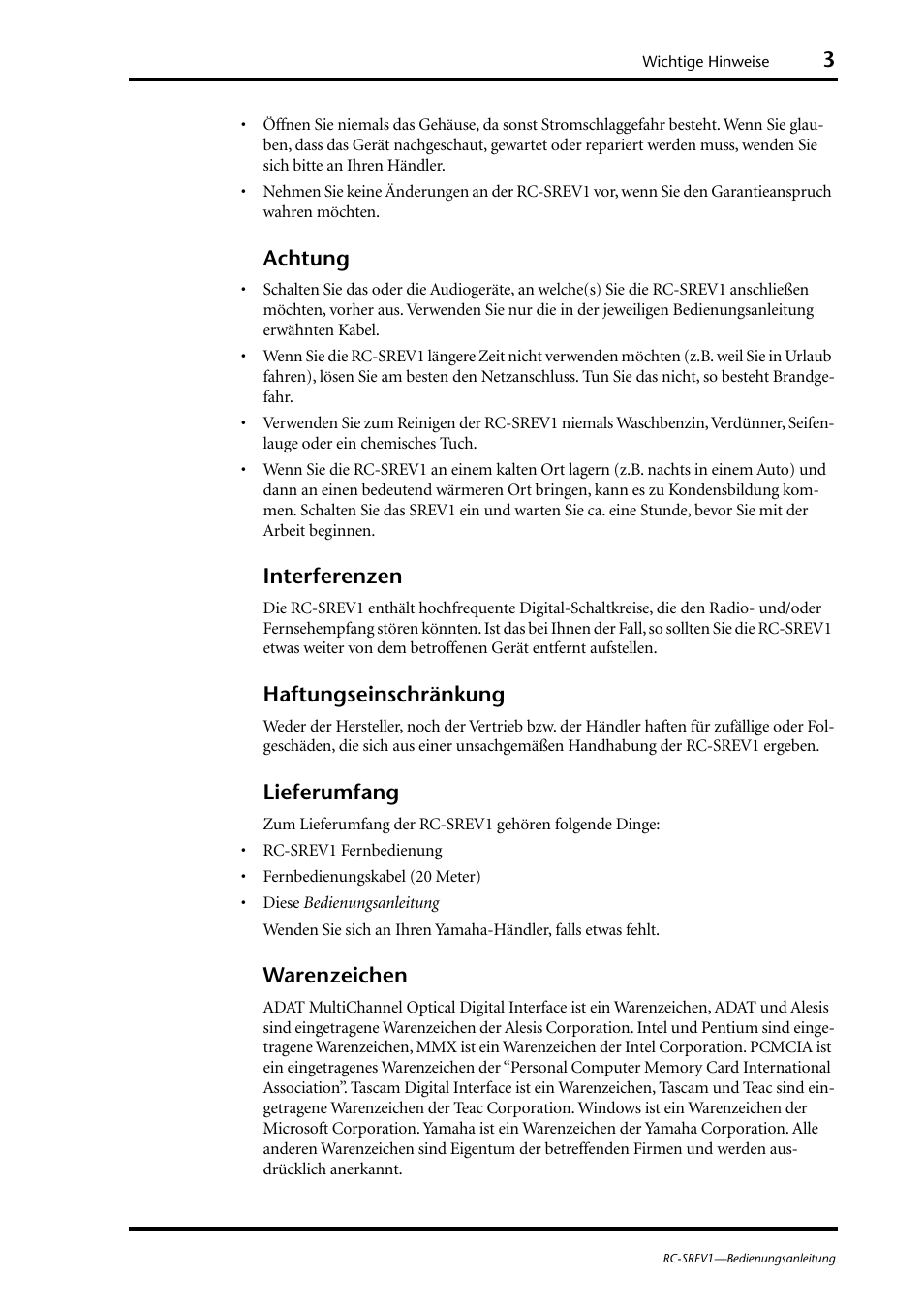 Achtung, Interferenzen, Haftungseinschränkung | Lieferumfang, Warenzeichen | Yamaha RC-SREV1 User Manual | Page 28 / 50