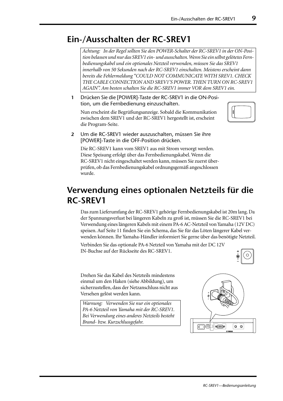 Ein-/ausschalten der rc-srev1 | Yamaha RC-SREV1 User Manual | Page 34 / 50