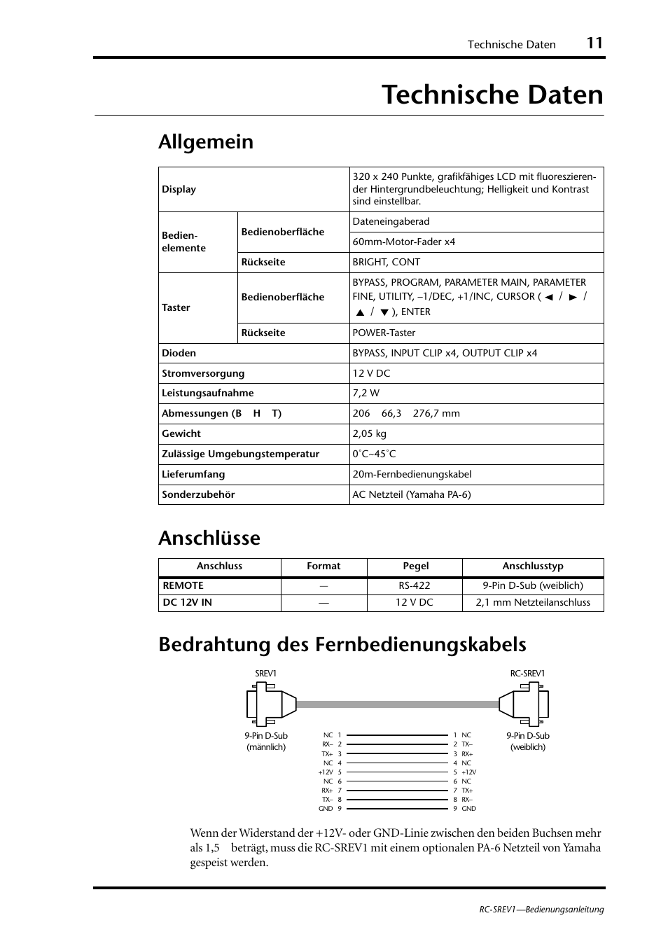 Technische daten, Allgemein, Anschlüsse | Bedrahtung des fernbedienungskabels | Yamaha RC-SREV1 User Manual | Page 36 / 50