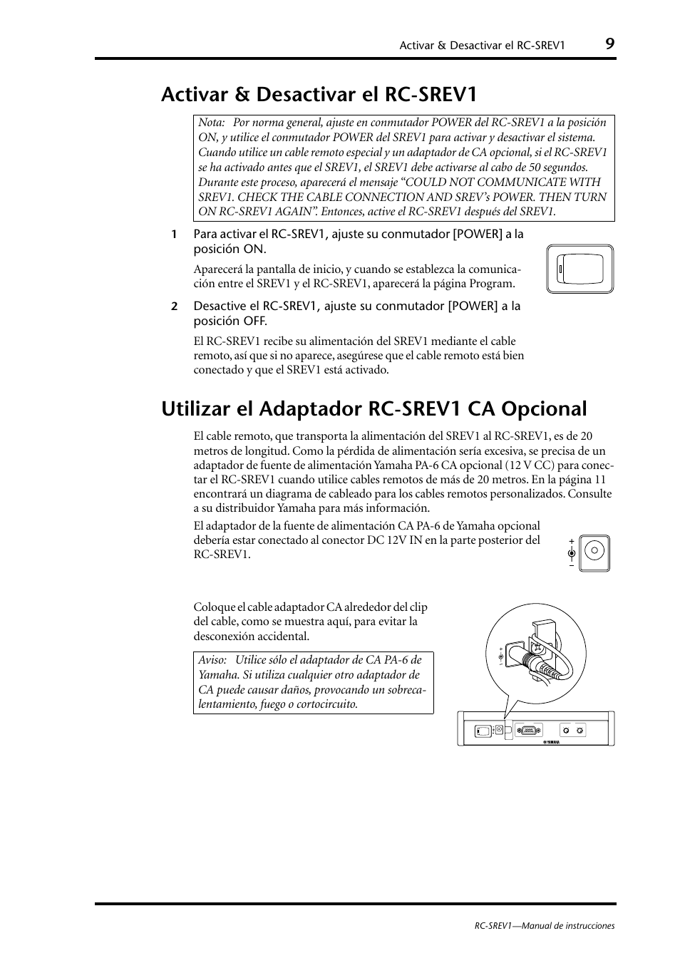 Activar & desactivar el rc-srev1, Utilizar el adaptador rc-srev1 ca opcional | Yamaha RC-SREV1 User Manual | Page 46 / 50