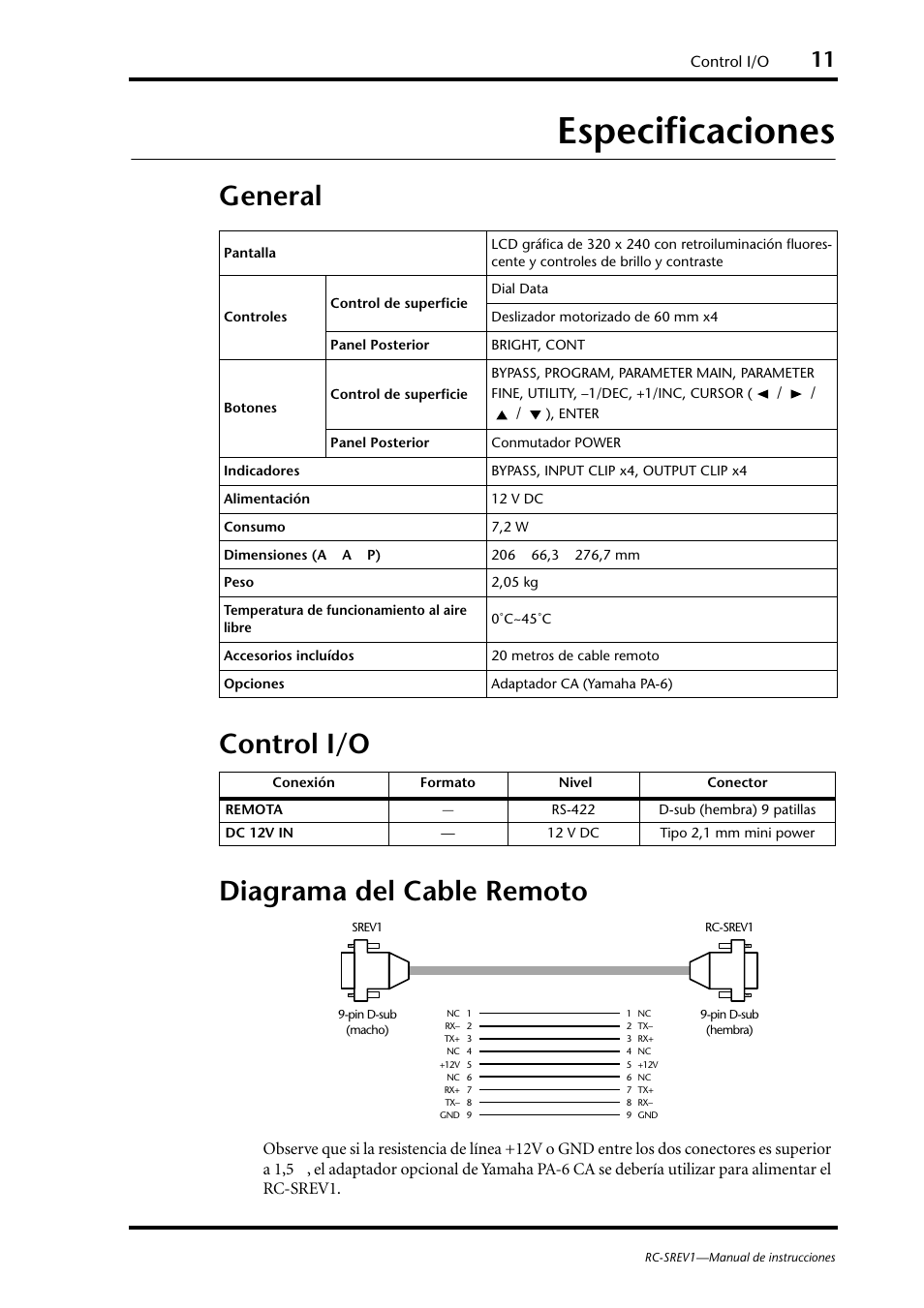 Especificaciones, General, Control i/o | Diagrama del cable remoto, General control i/o diagrama del cable remoto | Yamaha RC-SREV1 User Manual | Page 48 / 50