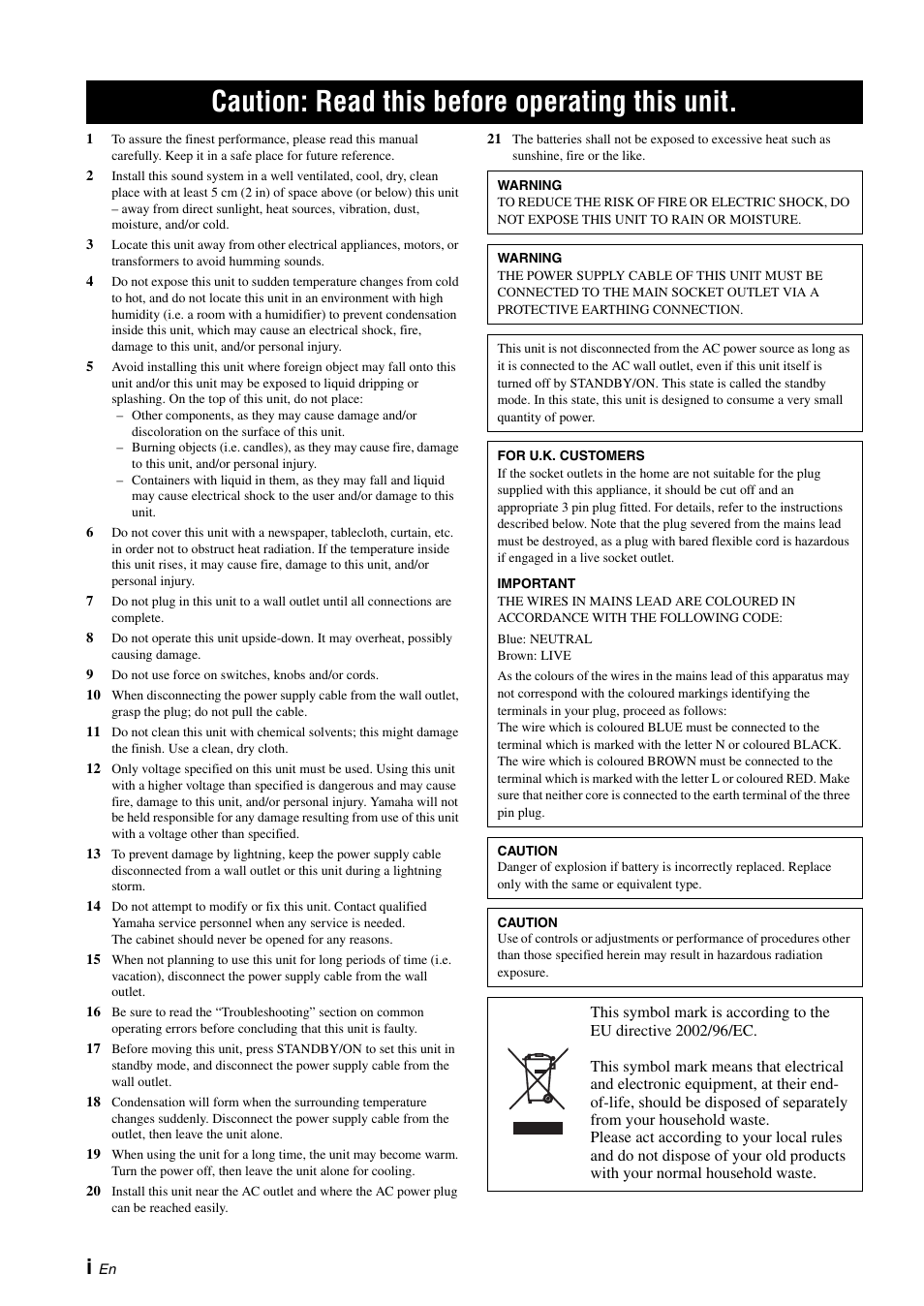 Caution: read this before operating this unit | Yamaha DIGITAL SOUND PROJECTOR HTY-750 User Manual | Page 2 / 98