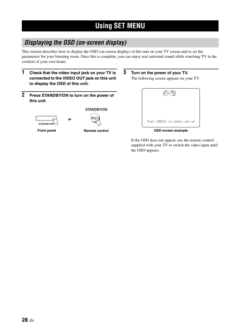 Using set menu, Displaying the osd (on-screen display), Hty-750 | Yamaha DIGITAL SOUND PROJECTOR HTY-750 User Manual | Page 30 / 98